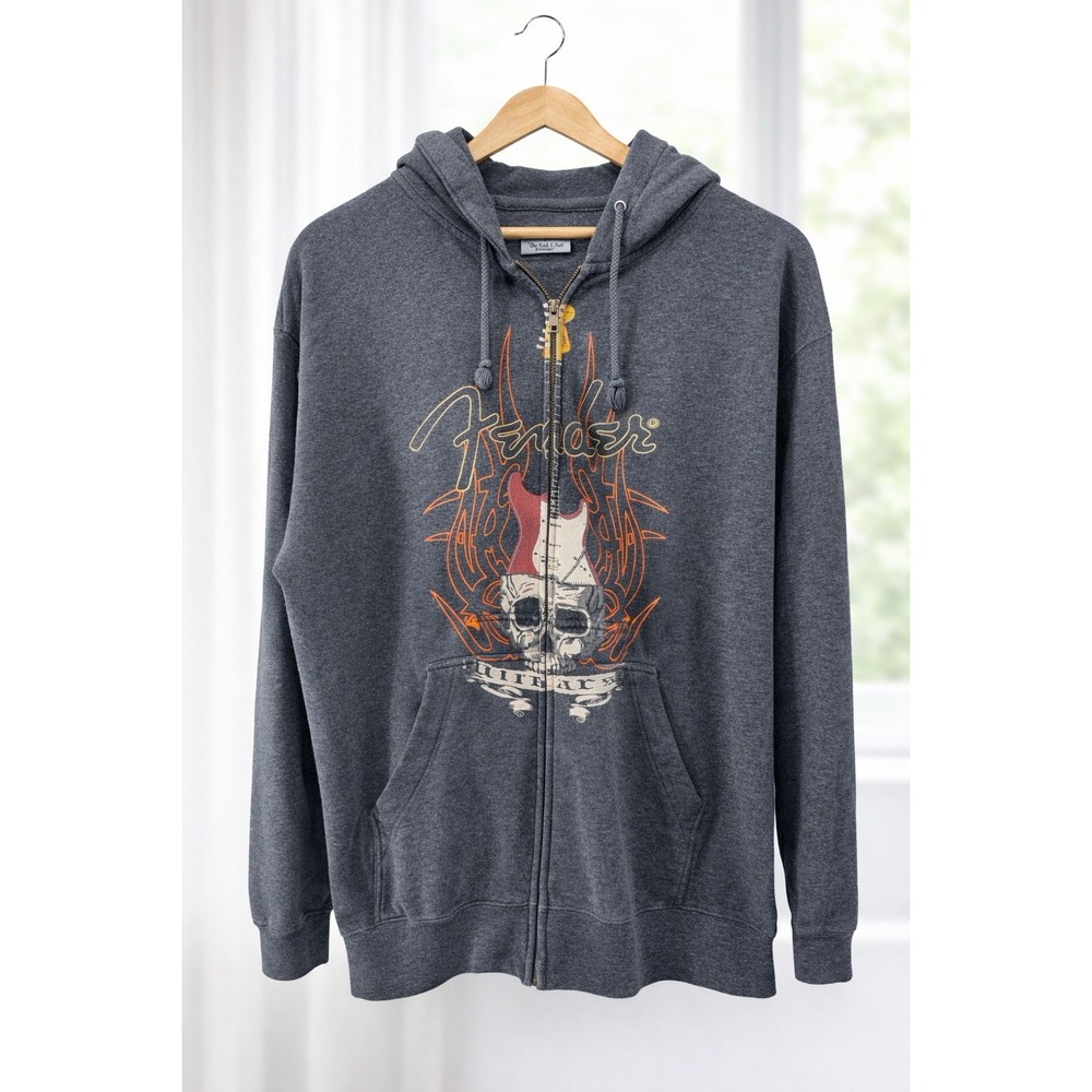 Fender Guitars Mens‎ Full Zip Rock & Roll Hoodie Sweatshirt Gray Size Medium